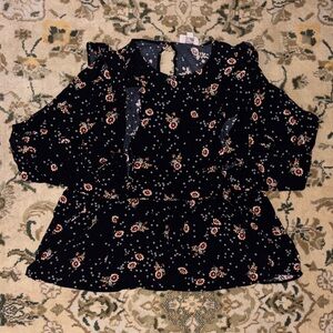 Loft Outlet Cottagecore Ruffled Shoulder Peplum Floral Black Blouse Office Work